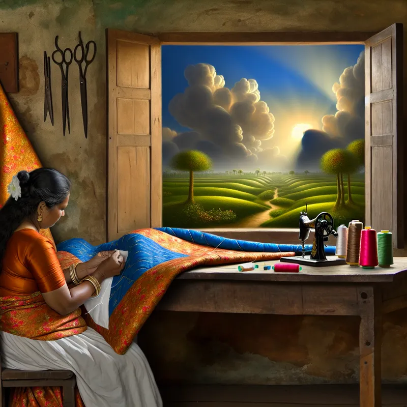 Vrouw verwijdert overtollige draden van een handgemaakt quilt terwijl ze aan een rustieke houten tafel zit.