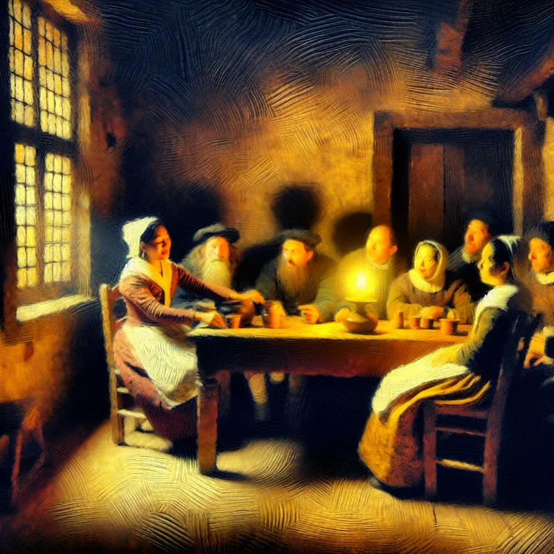 Een vrouw die in een gezellige taverne levendig praat met vrienden aan een houten tafel, terwijl de warme, aardse tinten en schaduwen de scène dramatisch maken.