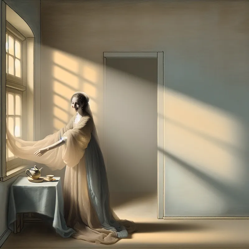 Een vrouw in een serene kamer, klaar om te helpen, met een vriendelijke glimlach en een warm kopje thee op de tafel.