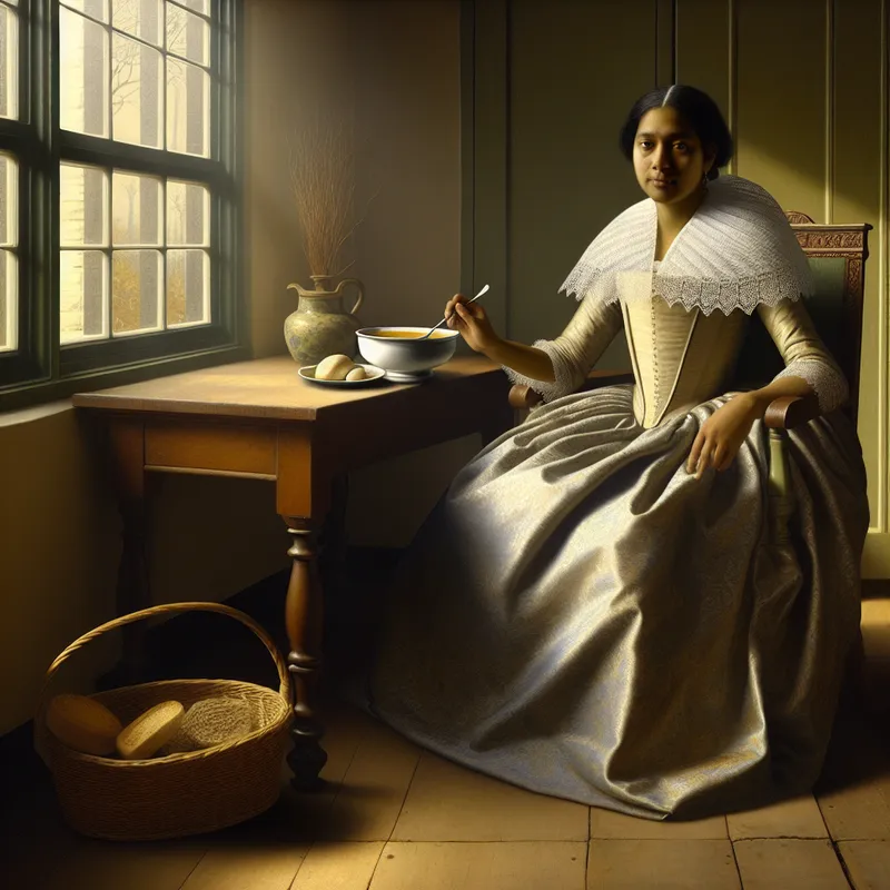 Vrouw herstelt na ziekte in 17e-eeuws Hollands interieur met kom versterkende soep bij zonnig raam