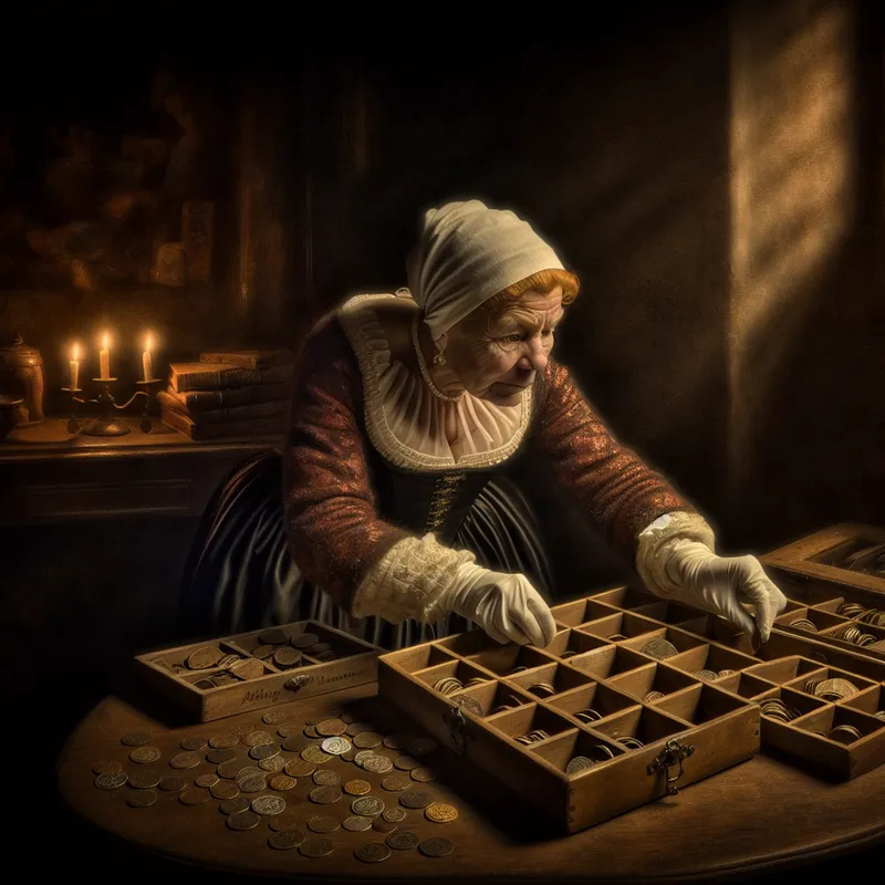 Een oudere vrouw in historische kleding sorteert zorgvuldig oude munten op een houten tafel.