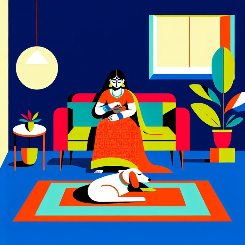 Een vrouw streelt liefdevol haar hond in een minimalistische woonkamer.