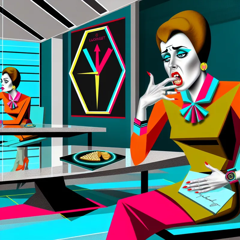 Een vrouw in een geometrische vergaderruimte met een ongemakkelijke uitstraling, terwijl haar maag rommelt.