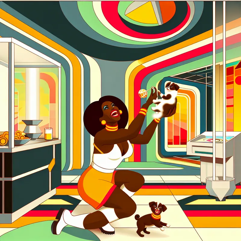 Vrouw in een retro-futuristische omgeving, gelukkig spelend met een klein hondje en een kat.