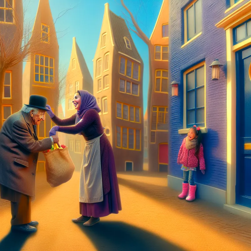 Een vrouw helpt een oudere man met zijn boodschappen in een nette buurt, terwijl een meisje toekijkt, met zachte zonneschijn die lange schaduwen werpt.