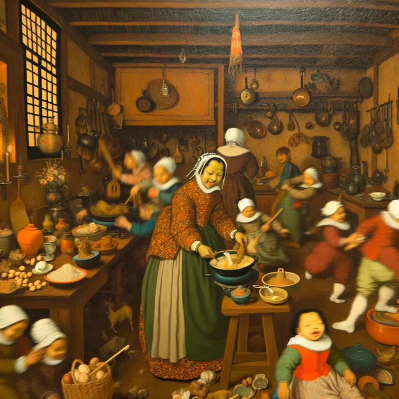 Een vrouw in een levendige keuken met blije kinderen, die een maaltijd bereidt te midden van chaos