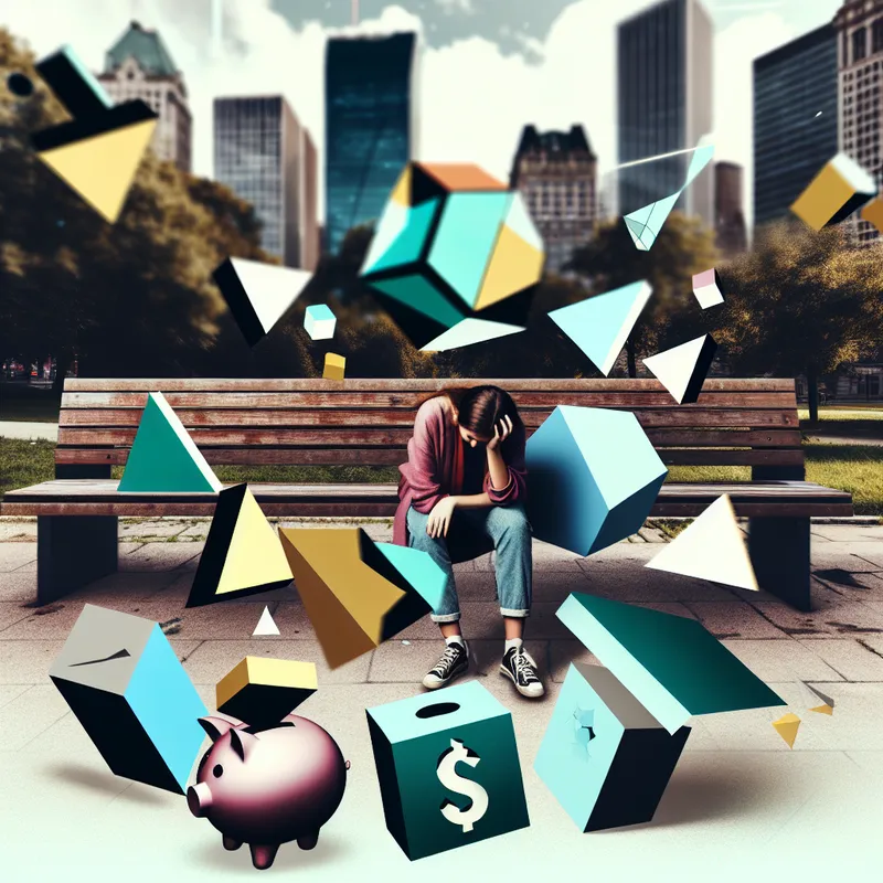 Jonge vrouw op een bankje in een stad, met handen in het hoofd, omringd door geometrische vormen die financiële lasten symboliseren.