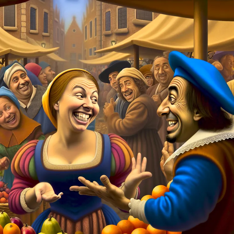 Vrouw in een drukke markt, omringd door mensen die actief met elkaar in gesprek zijn, met een man die haar een vraag stelt en een verwarde uitdrukking heeft