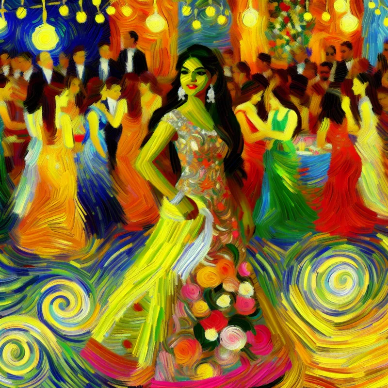 Een schilderij in de stijl van Vincent van Gogh met een vrouw in een stijlvolle jurk, omringd door een feestelijke sfeer.