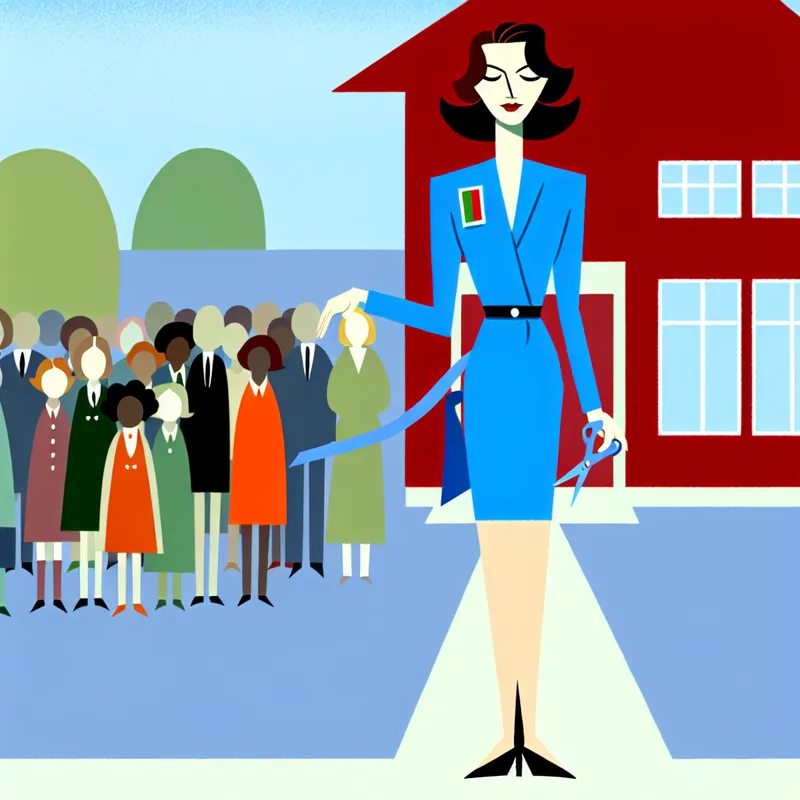 Minimalistische illustratie van een zelfverzekerde vrouw in formele kleding die een lint doorknipt bij de opening van een school, omringd door een bewonderende menigte