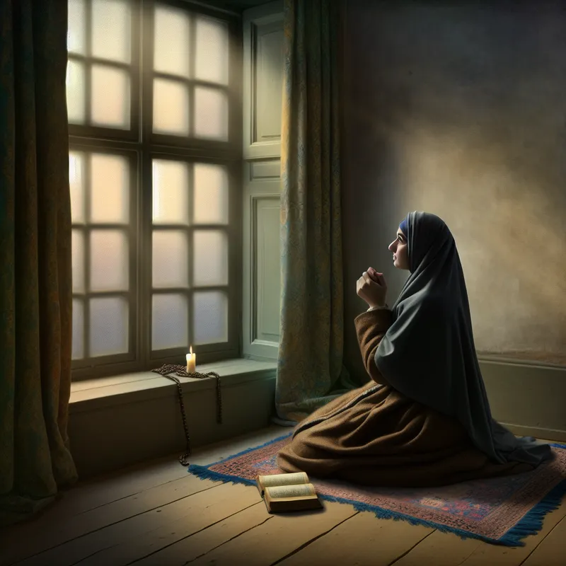 Vrouw in gebed naast een zacht verlichte raam in een serene ruimte met een bidrug en een kaars.