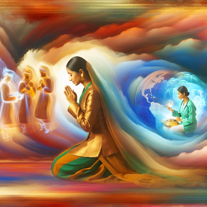 Barokke afbeelding van een vrouw in vloeiende gewaden terwijl ze bidt, omringd door ethereal licht en afbeeldingen van de wereldkaart en een gezondheidsfiguur