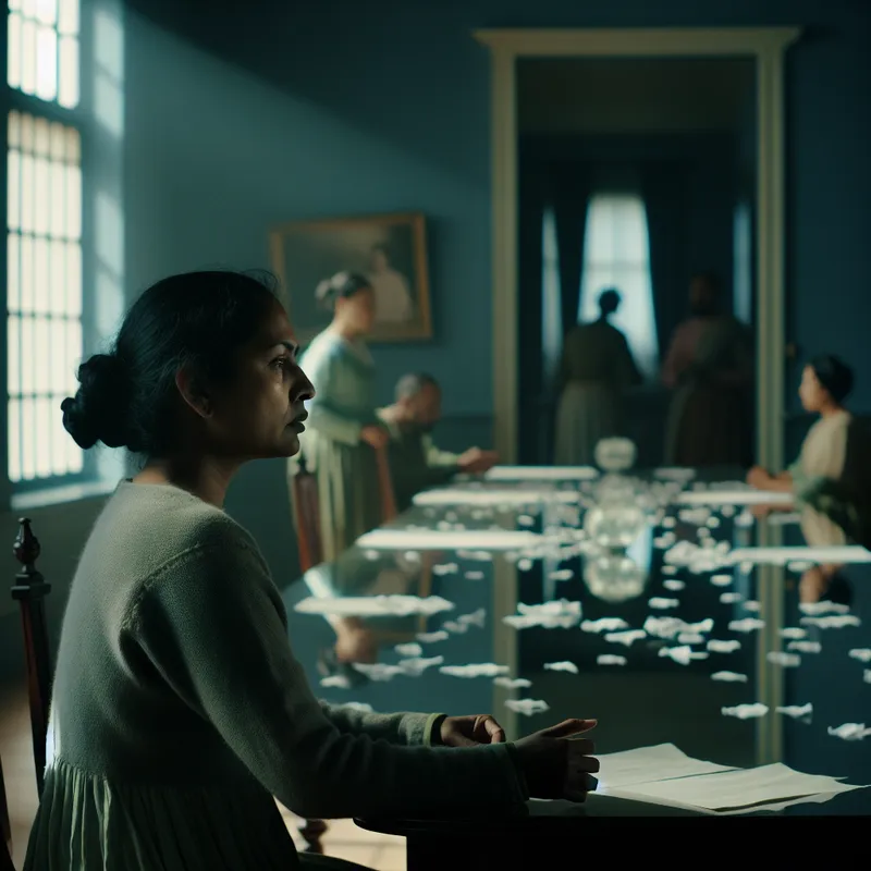 Vrouw in een gedachtenvolle pose aan een grote tafel, omgeven door papieren en notitieboeken, op zoek naar ideeën.