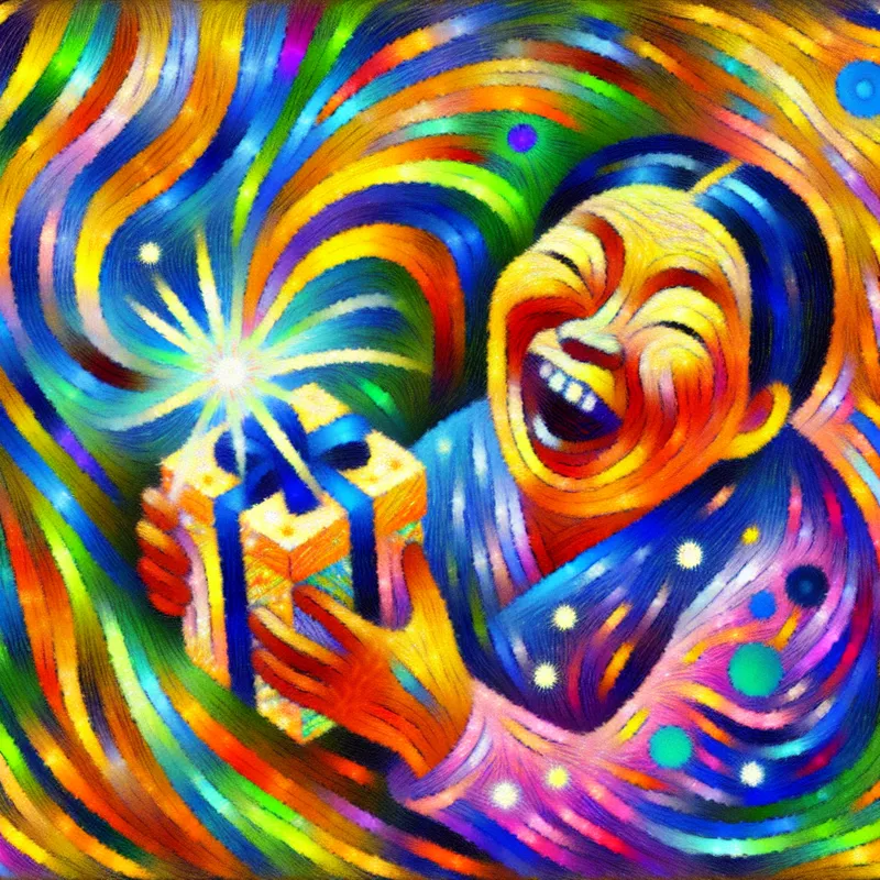 Vrolijke vrouw in het lachen terwijl ze een prachtig ingepakt cadeau opent, omgeven door stralende kleuren en energieke patronen.