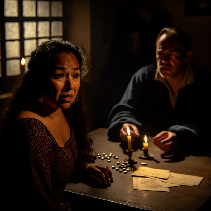 Vrouw bij een houten tafel in een zwak verlichte kamer, verlicht door kaarslicht, in gesprek met een verwarde man.