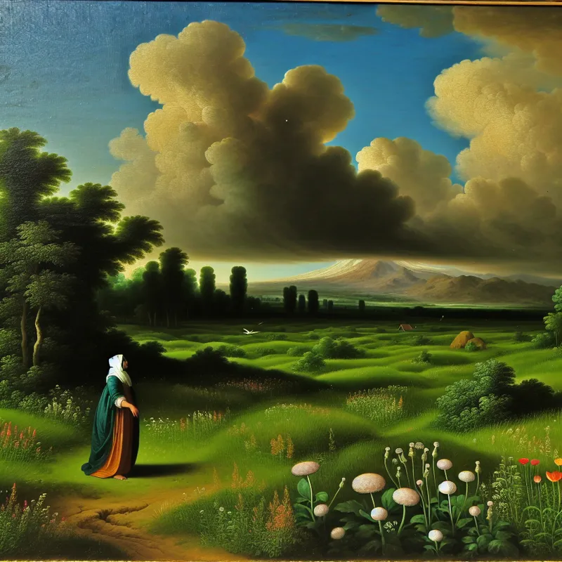 Vrouw in een groene weide omringd door wilde bloemen met dramatische lucht op de achtergrond