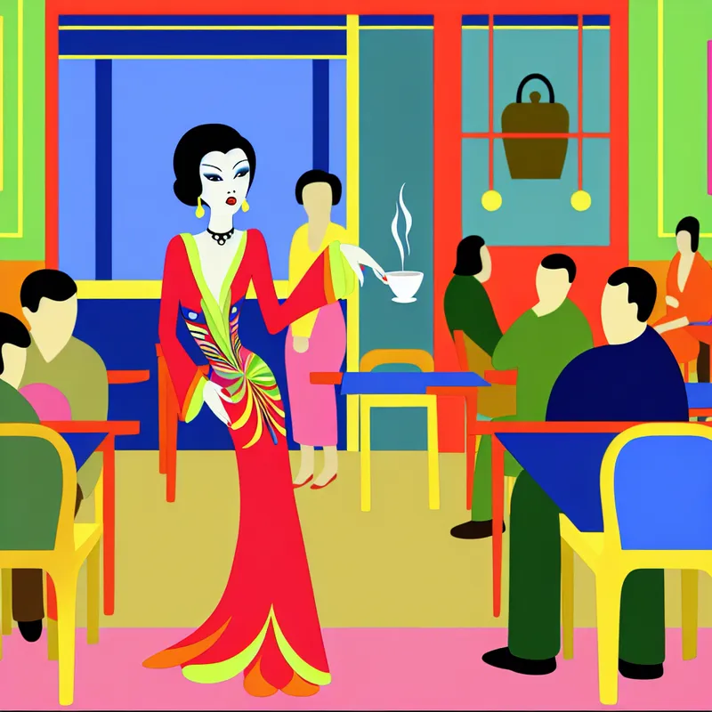 Vrouw in kleurrijke kleding poseert zelfverzekerd met een kop koffie in een café, omringd door verwonderde toeschouwers.