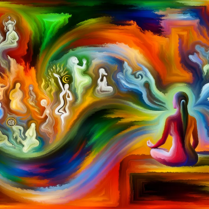 Abstracte uitdrukking van een vrouw in meditatie, omringd door kleurrijke symbolen van verschillende religies