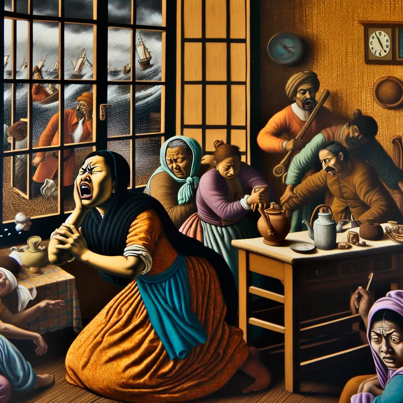 Een vrouw in een oud interieur met een pijnlijke uitdrukking, terwijl ze hartzeer ervaart te midden van levendige dagelijkse activiteiten.