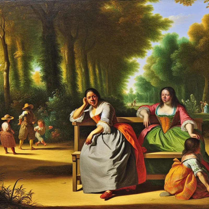 Een vrouw met een onopgesmukte houding, zittend op een houten bank in een zonovergoten park, omringd door groen en spelende kinderen.