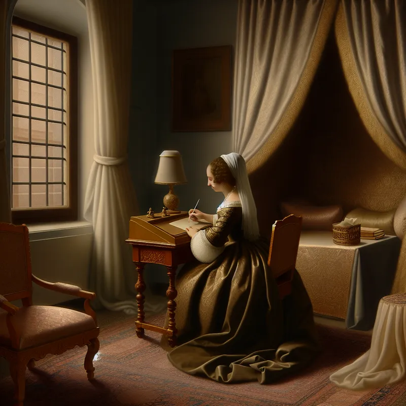 Een vrouw in een elegante jurk aan een houten bureau, die haar gedachten op perkament samenvat.