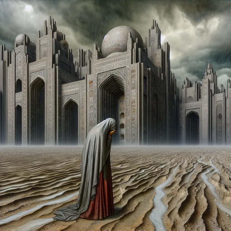 Een surrealistisch beeld van een vrouw die staat in een uitgestrekt, leeg landschap met torenhoge, treurige architectuur die onder verdriet lijkt te zakken.