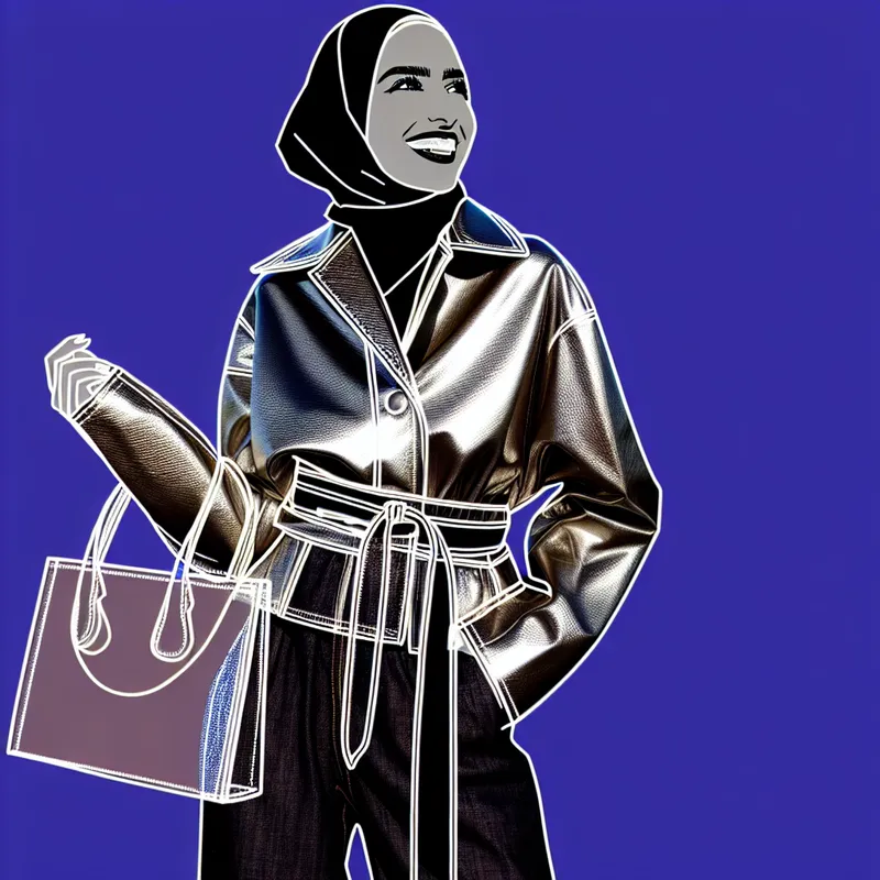 Minimalistische illustratie van een vrouw in een trendy leren jack met een bijpassende leren tas, stralend op een heldere achtergrond.