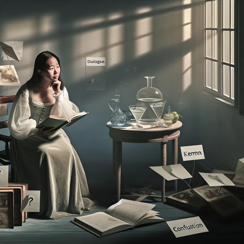 Vrouw in 17e-eeuwse kleding zit in een verlichte kamer, overdenkt een open boek te midden van boeken en symbolische voorwerpen.