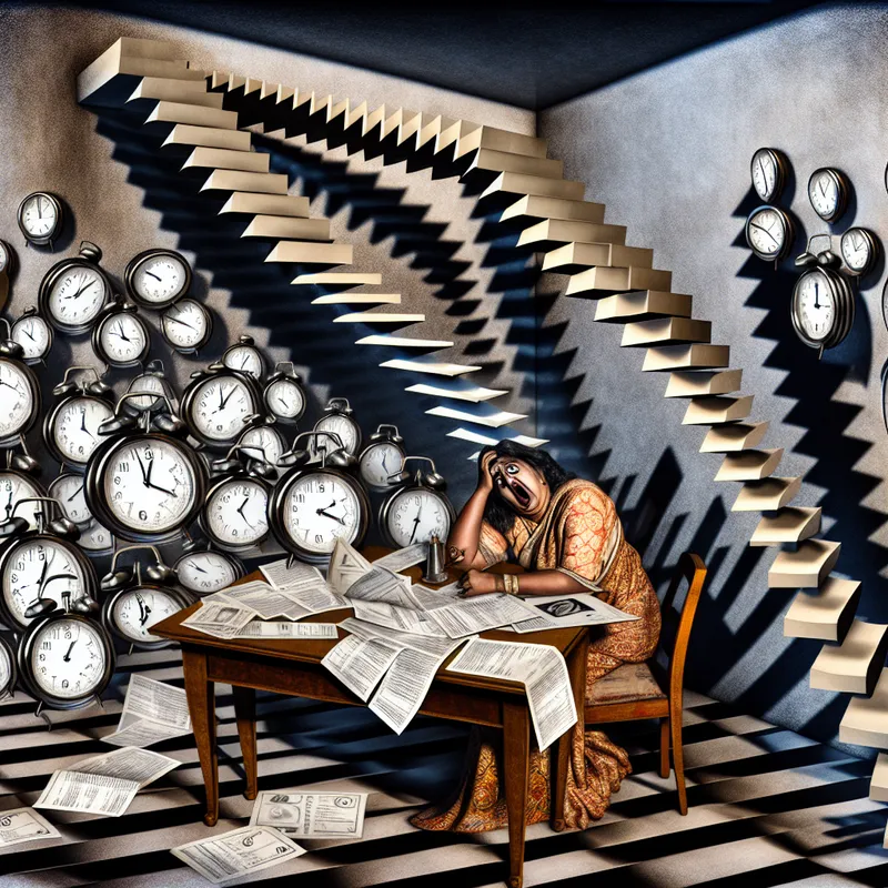 Vrouw in wanhoop zit aan tafel met klokken, rekeningen en papieren, achtergrond met een onmogelijke trap, symboliseert stress en het gevoel gevangen te zitten.