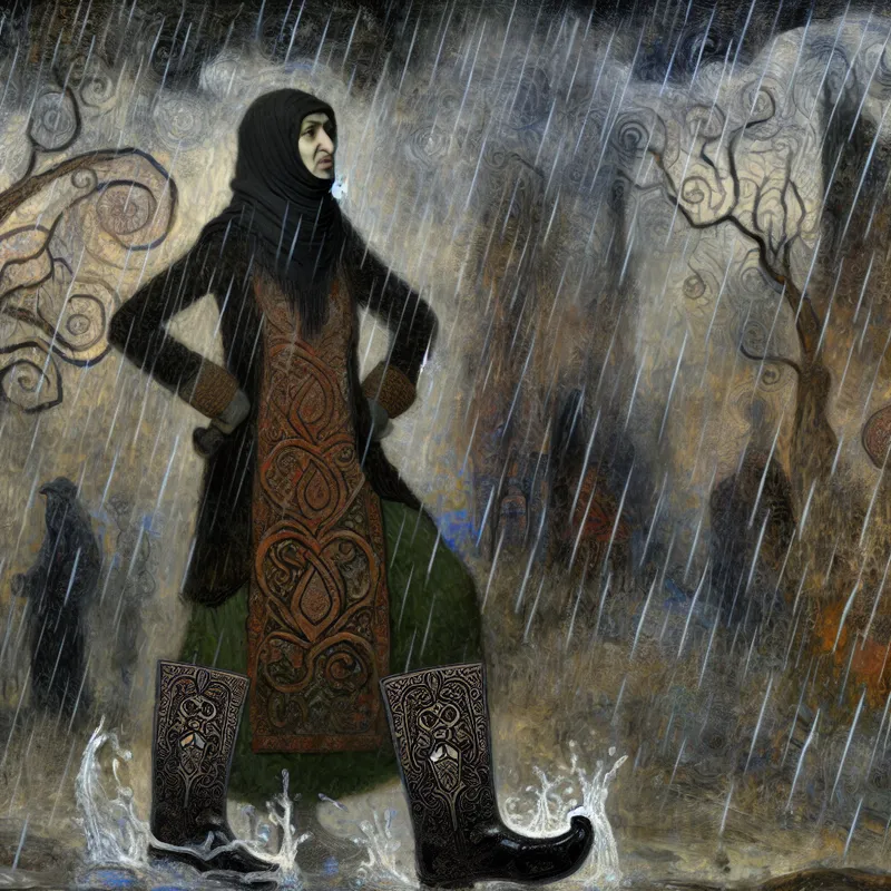 Vrouw in elegante winterlaarzen in een donkere en mistige omgeving met regen