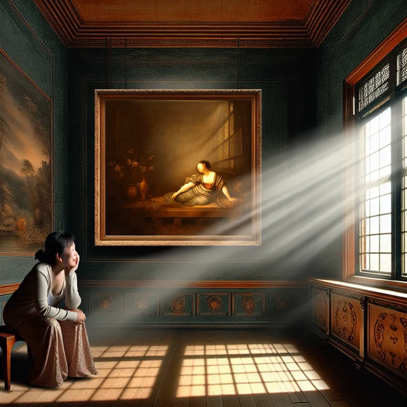 Een vrouw in een zacht verlichte kamer kijkt nadenkend naar een levendig schilderij aan de muur.