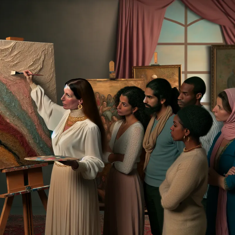 Vrouw inspireert diverse groep individuen in een elegant verlichte ruimte met schildersezel en kunstwerken.