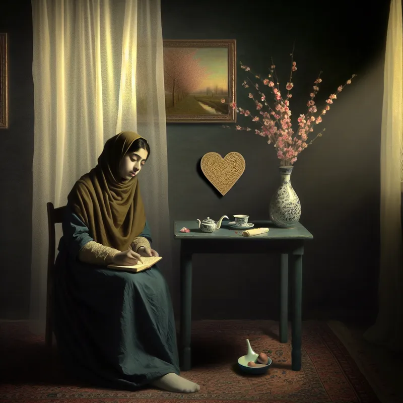 Een jonge vrouw zit aan een tafel, schrijft in haar journal, omgeven door een warme sfeer en een hartvormig voorwerp dat een verdrietje symboliseert.