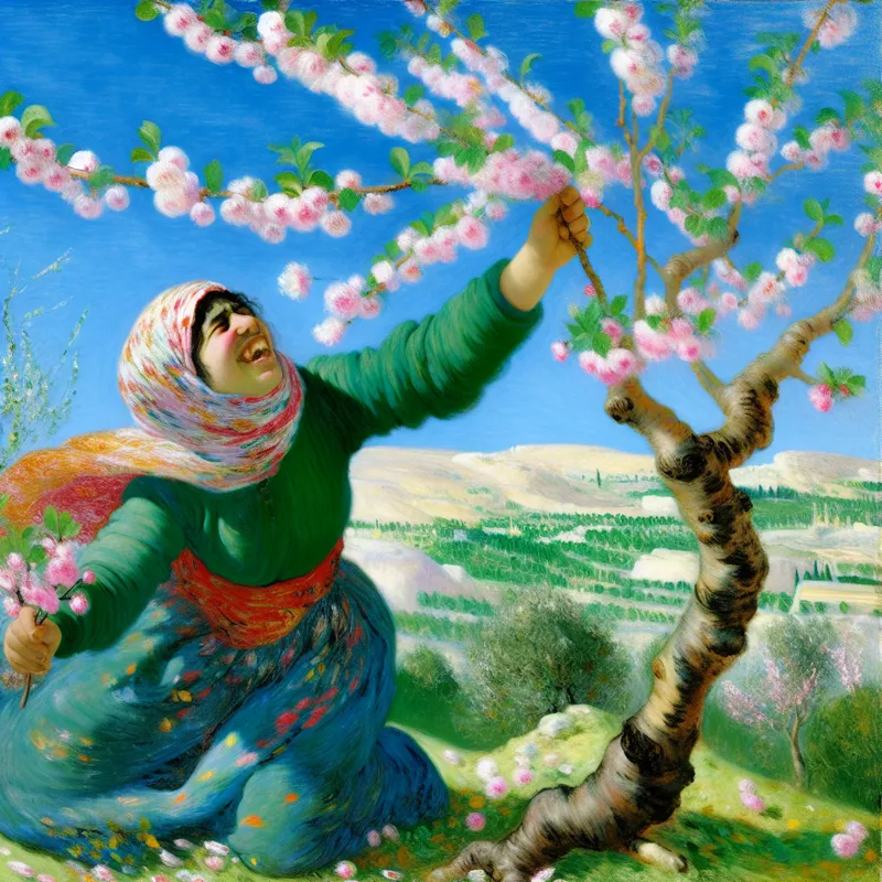 Een jonge vrouw plukt vrolijk kersenbloesems van een bloeiende kersenboom met delicate roze bloemen.