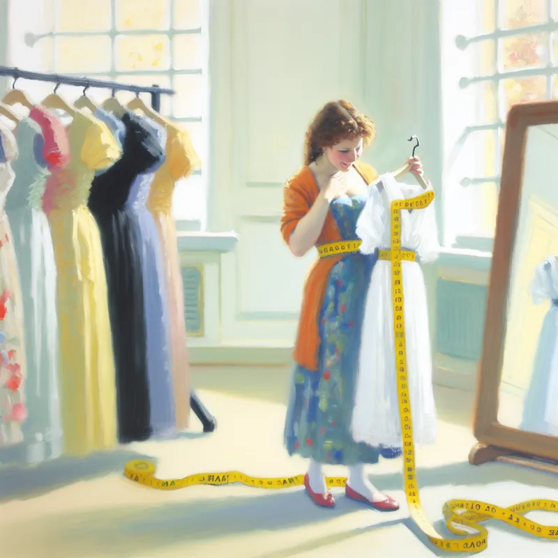 Een vrouw in een kledingwinkel kijkt naar een M-maat jurk in de spiegel, omringd door hangende jurken en een uitgevouwen meetlint op de vloer.