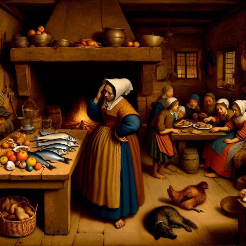 Vrouw kiest kip boven vis in een levendige Nederlandse keuken