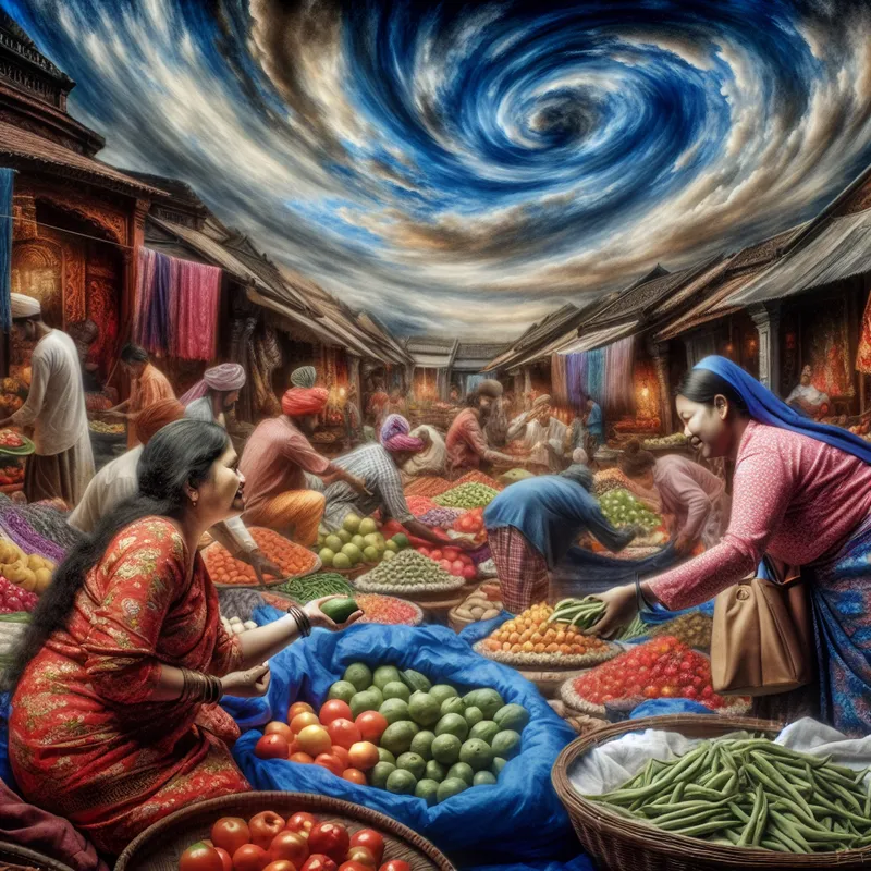 Vrouw kiest verse producten op levendige markt met dramatische lucht