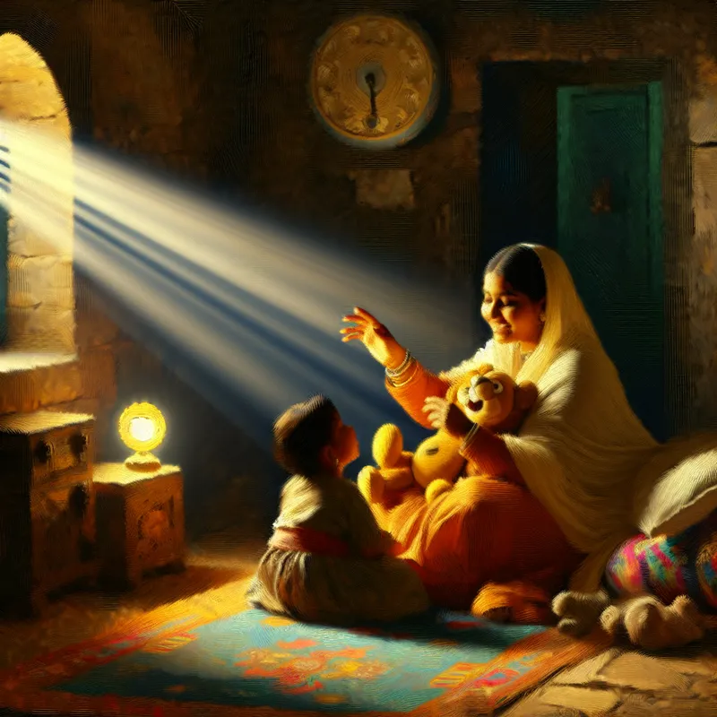 Een gezellige vintage kamer waar een vrouw vriendelijk tegen een kind praat, met een warme glimlach en een vertrouwelijke sfeer.