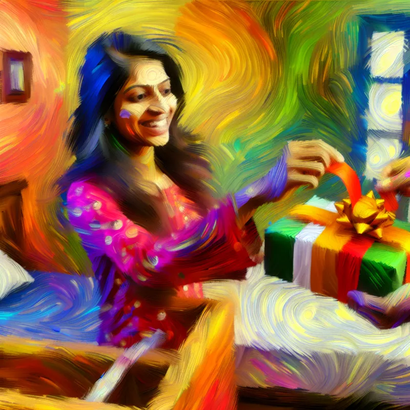 Vrouw die een klein cadeau inpakt in een kleurrijke, Van Gogh-stijl kamer