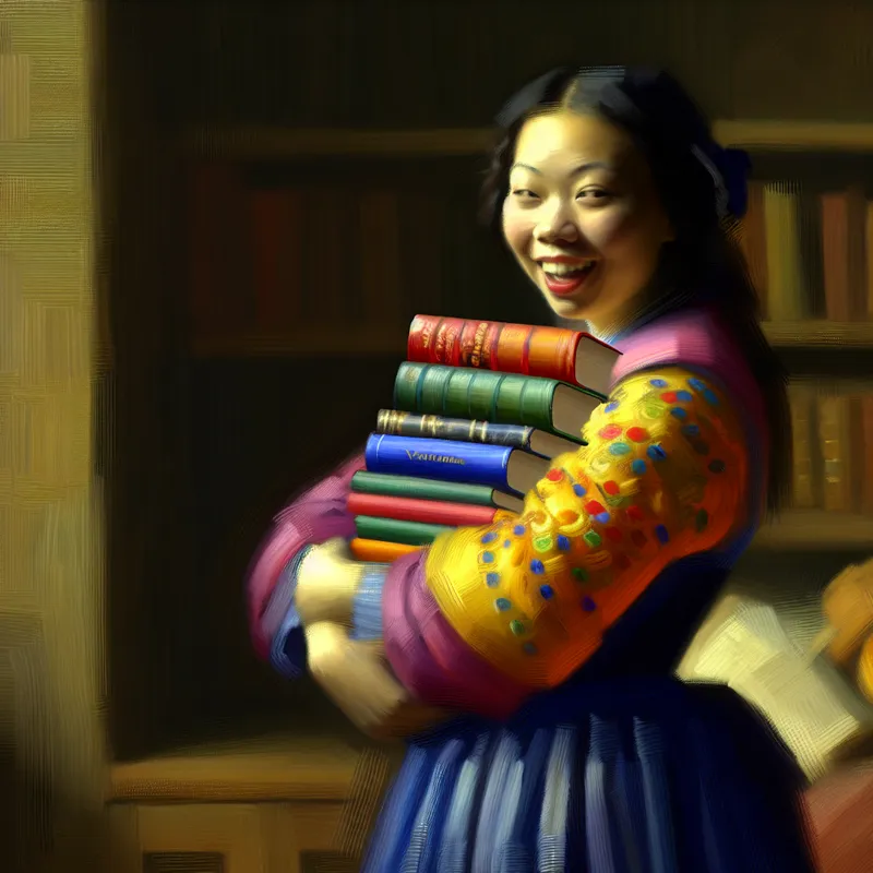 Een jonge vrouw die een stapel kleurrijke boeken omarmt in een intieme bibliotheeksetting, geschilderd in de stijl van Frans Hals.