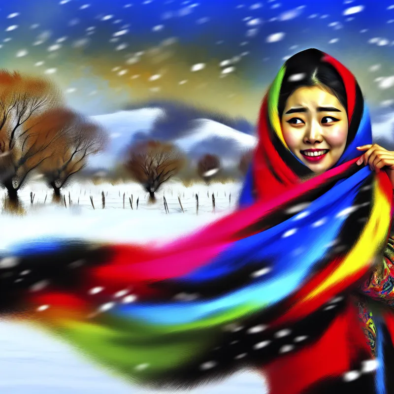 Vrouw in een kleurrijke sjaal staat in een besneeuwd winterlandschap met vallende sneeuwvlokken.