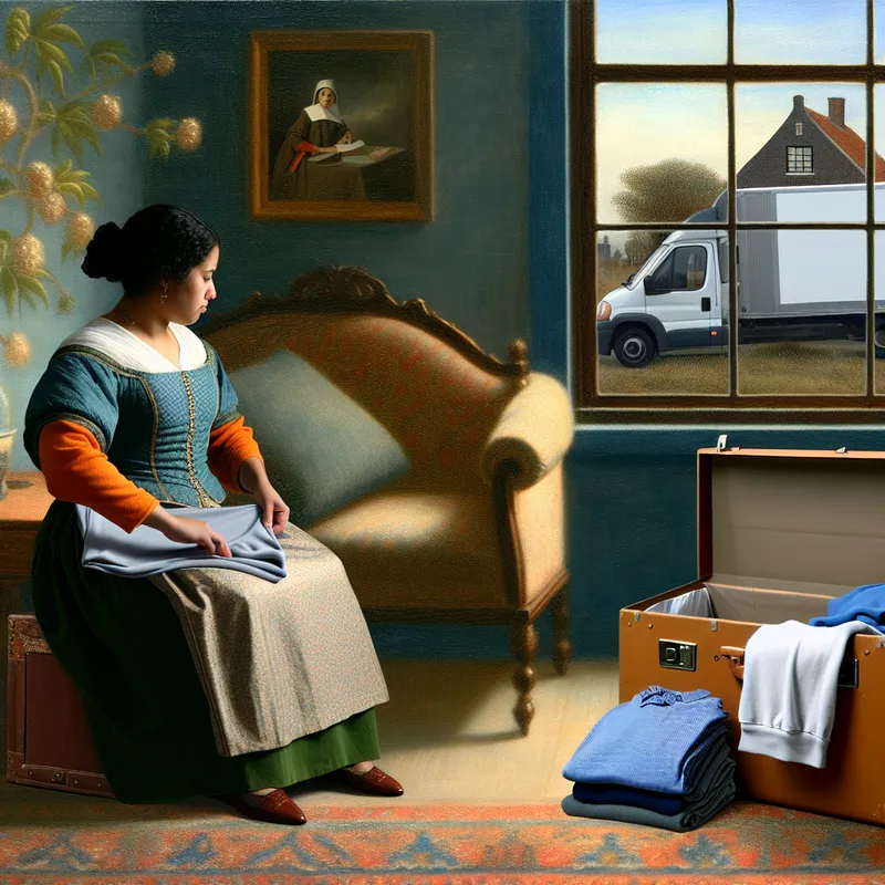 Jonge vrouw pakt een koffer in een serene woonkamer, met een duidelijk zicht op verhuisdozen en een verhuiswagen buiten.