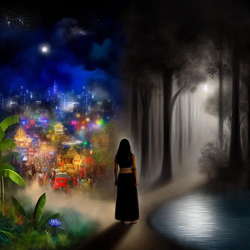 Een vrouw bij een kruispunt, omgeven door een drukke stad en een serene bossfeer, die de keuze tussen stressvolle en kalme situaties symboliseert.