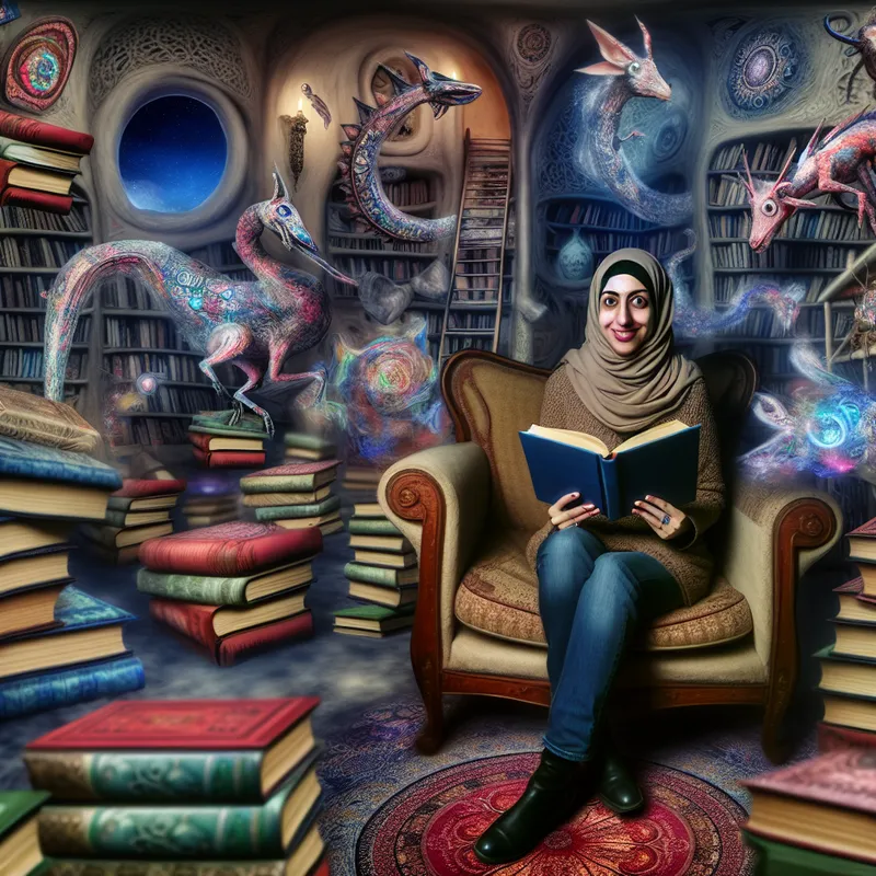 Vrouw in een fantasierijke bibliotheek met surrealistische boeken van Hieronymus Bosch.