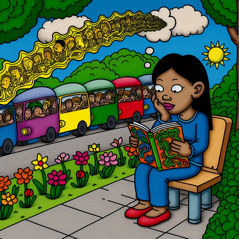 Een jonge vrouw leest een boek terwijl ze wacht bij een bushalte, met een lange rij kleurrijke bussen op de achtergrond.