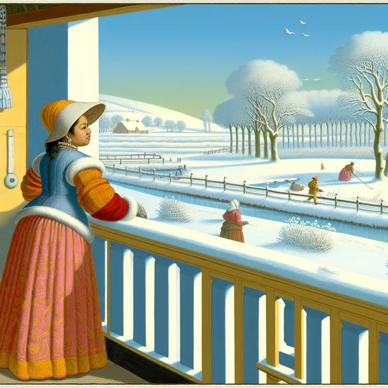 Vrouw leunend op een balkon met uitzicht op een besneeuwd winterlandschap, geïnspireerd door de stijl van Hendrick Avercamp