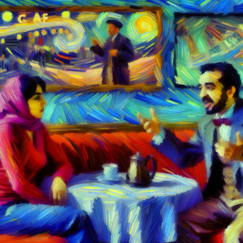 Een vrouw in een gezellige cafe die aandachtig luistert naar een vriend die gepassioneerd praat over een nieuwe film.