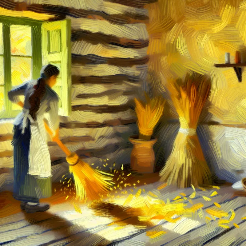 Vrouw veegt de houten vloer van een gezellig en rustiek interieur met een bezem van stro, terwijl zonlicht door het raam stroomt.