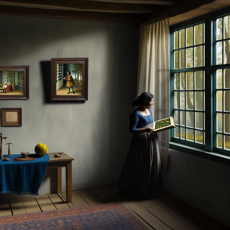 Een vrouw bij het raam met een open boek met kleurrijke seizoensillustraties en sportobjecten zoals een voetbal en een tennisracket op de tafel.