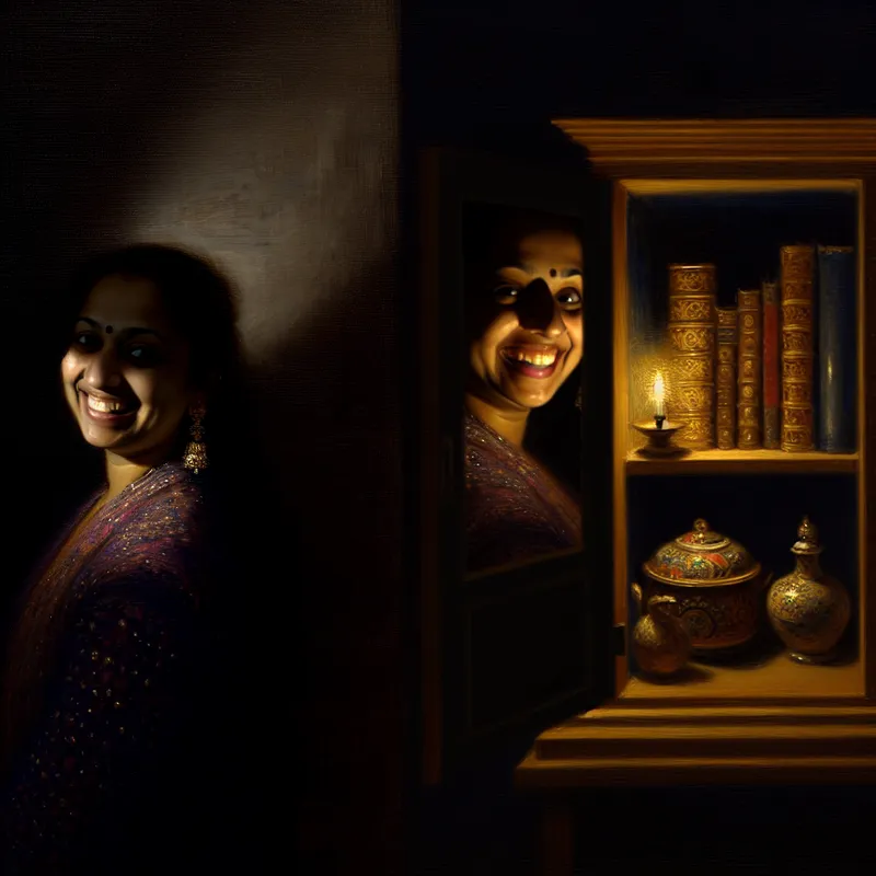 Een vrouw glimlacht warm naast een openstaande, versierde kast vol kleurrijke schatten.